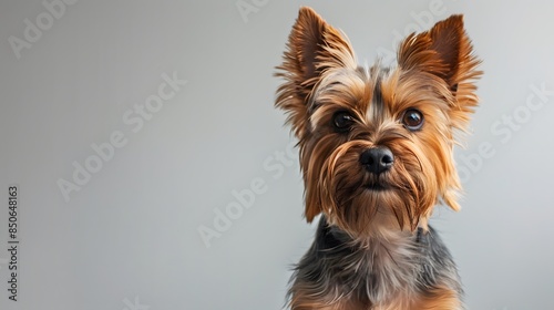 Close-up portrait of a cute Yorkshire Terrier against a plain background, showcasing its expressive eyes and well-groomed fur. © Tackey
