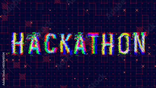 Hackathon Glitched Word Banner. HUD Hologram Cyberpunk Style. Neon Tech Hackathon Glitch Background. Design Element for Tech Programmers Event. Vector Illustration.