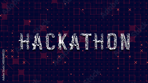 Hackathon Glitched Word Banner. HUD Hologram Cyberpunk Style. Neon Tech Hackathon Glitch Background. Design Element for Tech Programmers Event. Vector Illustration.