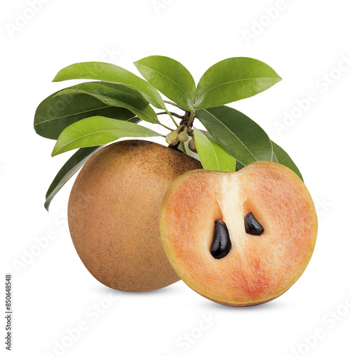 Fresh sapodilla with leaves isolated on transparent background (.PNG) photo