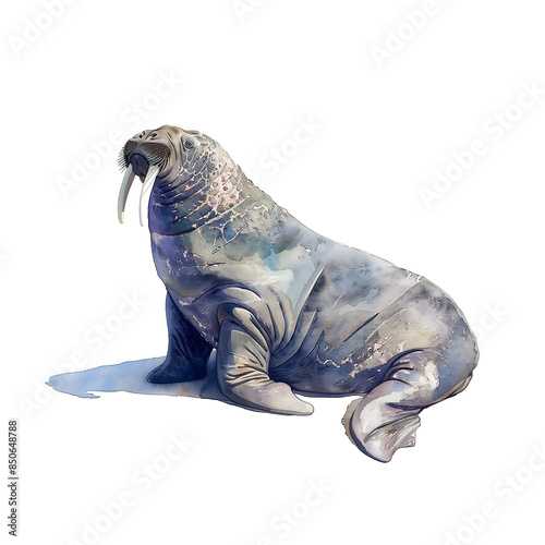 Watercolor illustration of walrus on white background photo