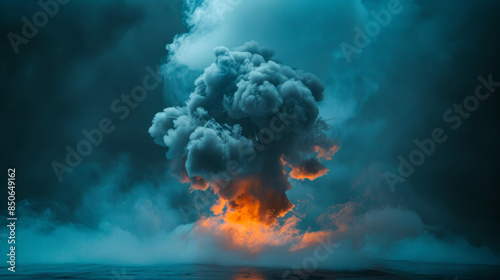 A photo of a bomb with smoke coming out. The picture is dark and the colors are contrasting. photo