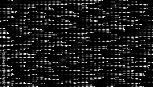 Abstract Digital Mosaic Grid Dots Halftone Tech Background Pattern. White Pixels Moving Fast on Grid. Hi-Tech Minimal Technology Design Texture. Digital Data Flow Transfer. Vector Illustration.