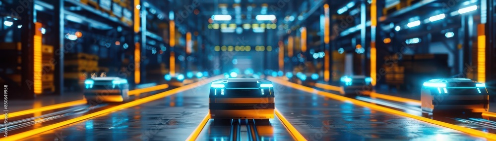 Autonomous robots managing logistics processes in a smart warehouse, glowing holographic displays, neon blue and orange, hightech flow management, 3D render Autonomous robots managing logistics processes in a smart warehouse, glowing holographic displays, neon blue and orange, hightech flow management, 3D render