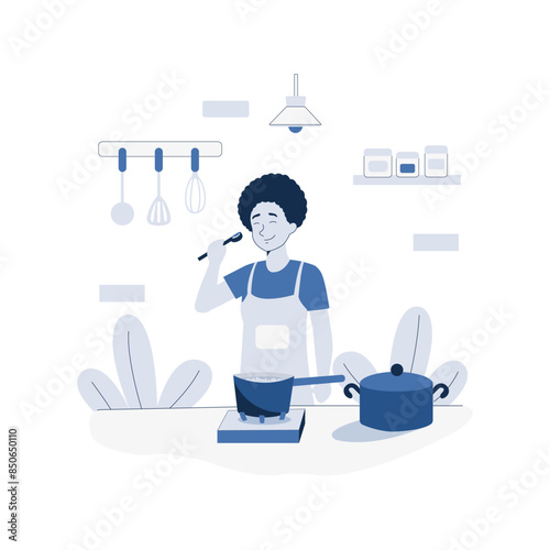 Daily Activities Woman cooking in the kitchen Vector Illustration in Flat Style