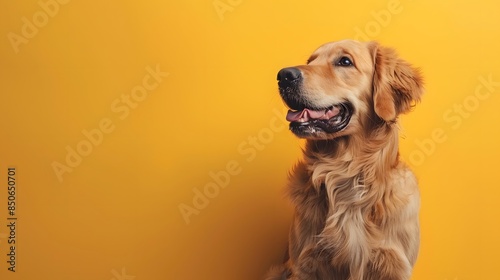 Golden retriever dog looking happy against a bright yellow background. Ideal for pet-themed designs and cheerful concepts. photo