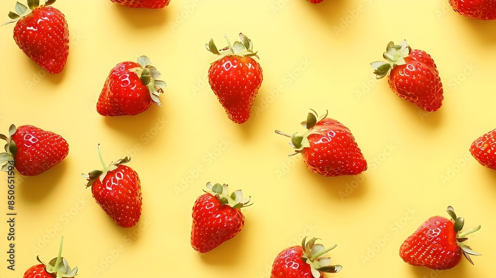 Delectable Red Strawberries on Vibrant Yellow Background Delectable Red Strawberries on Vibrant Yellow Background