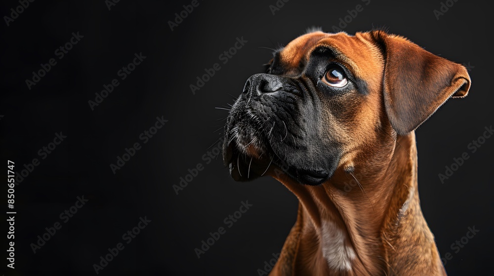 Portrait of a brown Boxer dog with a black background, looking up and away, showcasing the dog's expressive eyes and characteristics. Portrait of a brown Boxer dog with a black background, looking up and away, showcasing the dog's expressive eyes and characteristics.