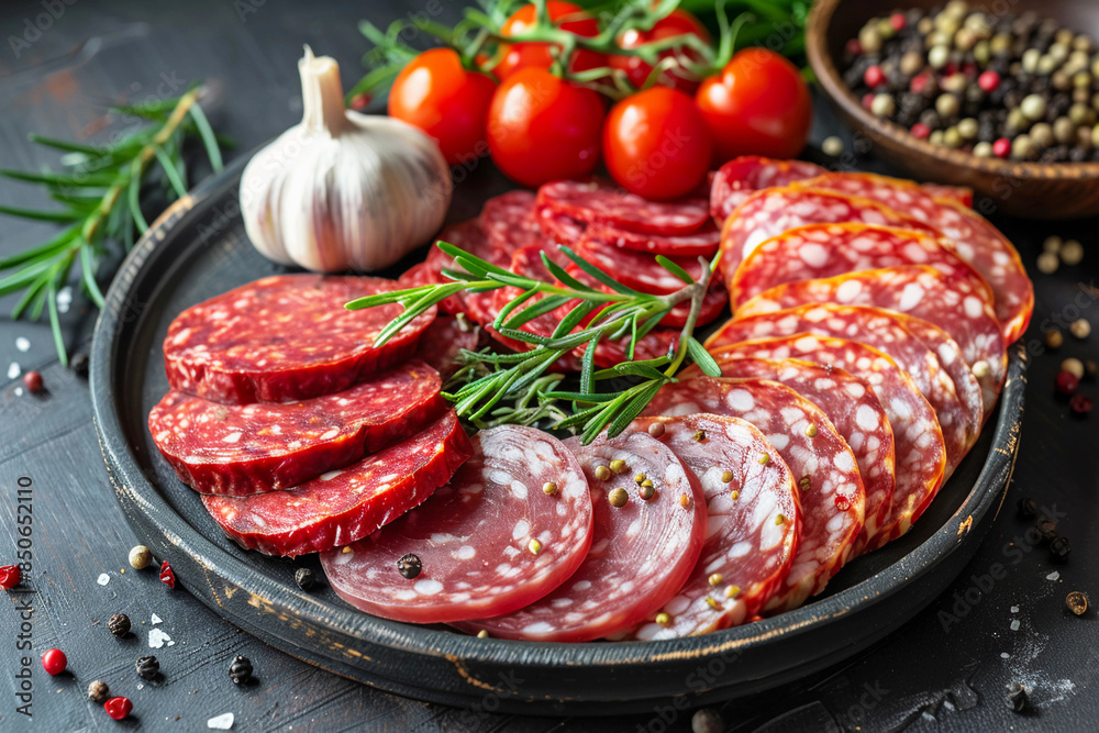 Salami sausage board plate. Dry smoked meat. Italian ham food background. Top view of salami slices from beef, pork, turkey meat. Assorted sausage gourmet snack on black with garlic, tomato, rosemary Salami sausage board plate. Dry smoked meat. Italian ham food background. Top view of salami slices from beef, pork, turkey meat. Assorted sausage gourmet snack on black with garlic, tomato, rosemary