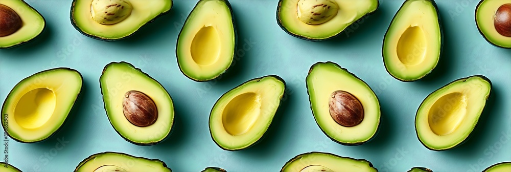 Fresh Avocado Halves Arranged on a Blue Background, Showcasing Creamy Texture and Vibrant Color Fresh Avocado Halves Arranged on a Blue Background, Showcasing Creamy Texture and Vibrant Color
