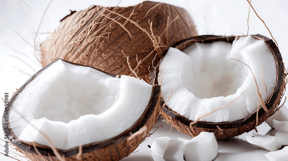 Fresh Coconut Halves with White Flesh and Brown Shell on a White Background Fresh Coconut Halves with White Flesh and Brown Shell on a White Background