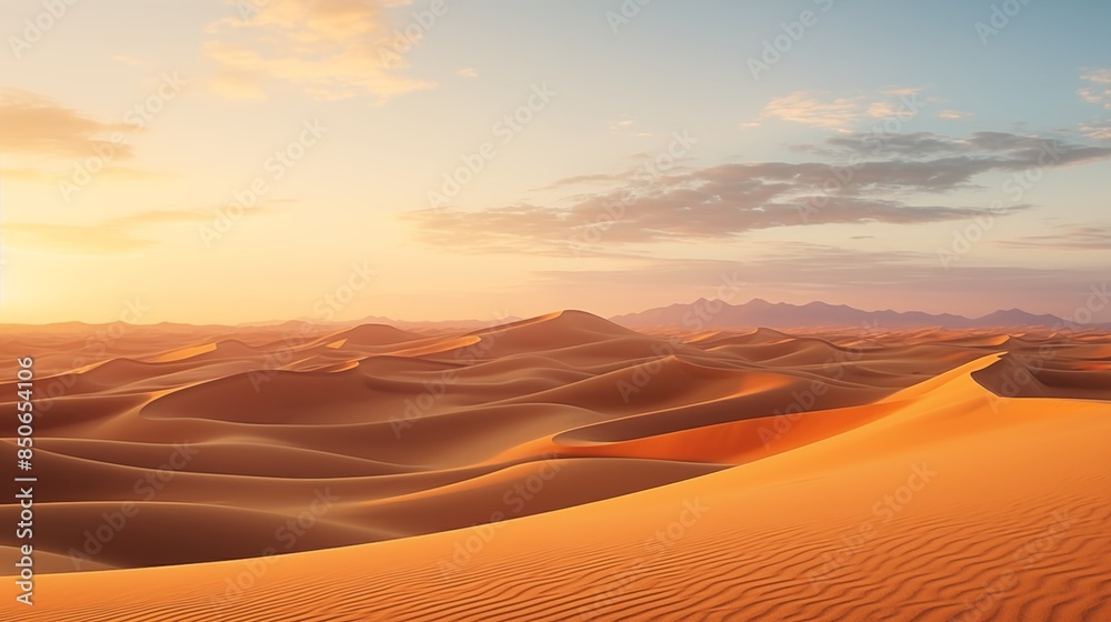 Panorama banner of Captivating Sahara Desert panorama at sunset, showcasing undulating sand dunes bathed in golden hues, perfect for travel, nature, and adventure theme. Panorama banner of Captivating Sahara Desert panorama at sunset, showcasing undulating sand dunes bathed in golden hues, perfect for travel, nature, and adventure theme.