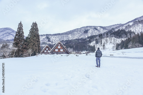 Landscape View Of The Beautiful Historic Villages Of Shirakawa-Go And Gokayama (Gassho Zukuri Folk Village) With Winter Snow, Gifu, Shirakawa, Japan photo