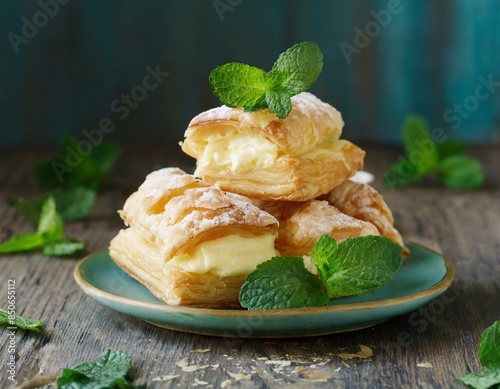 Blätterteigtachen mit Vanillepudding und Minze photo