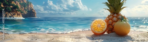 A closeup shot of a ripe pineapple and a halved orange placed on the sandy beach