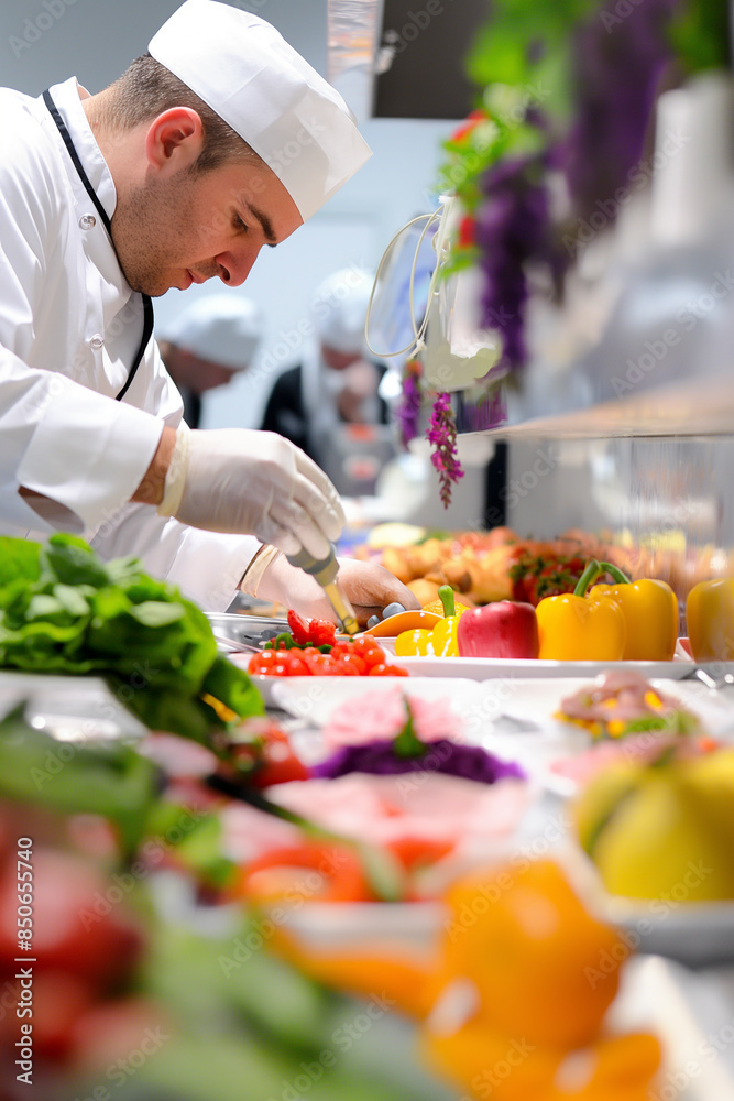 Chef Prepares Fresh Salad Bar for Restaurant Guests Chef Prepares Fresh Salad Bar for Restaurant Guests