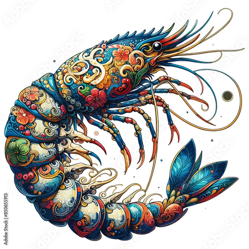 Cute Shrimp Fish with a floral pattern on it, prawn Vector Cartoon-style lobster clipart illustration