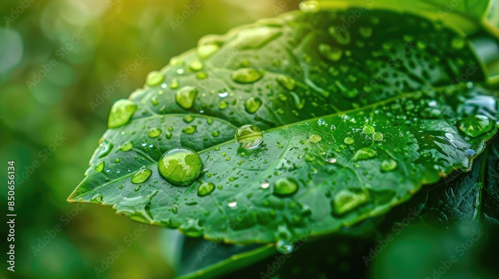 Raindrop on a green leaf in nature close up view Raindrop on a green leaf in nature close up view