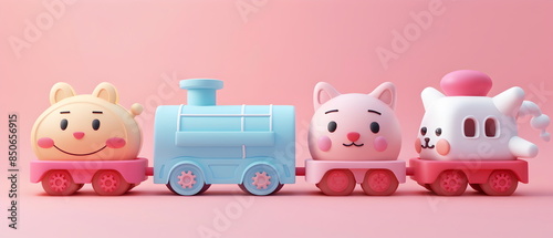 3D clay, Adorable clay a train toys ,muted pastels, Blender 3d, carss with colorful vehicle and cute , kawaii pets model, dolls decorations photo