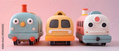3D clay, Adorable clay a train toys ,muted pastels, Blender 3d, carss with colorful vehicle and cute , kawaii pets model, dolls decorations photo