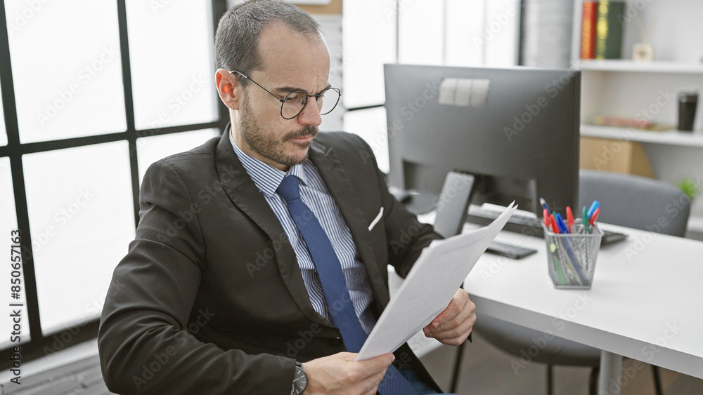 Fototapeta premium A focused businessman in glasses reads documents in a modern office setting, exemplifying professionalism and concentration.