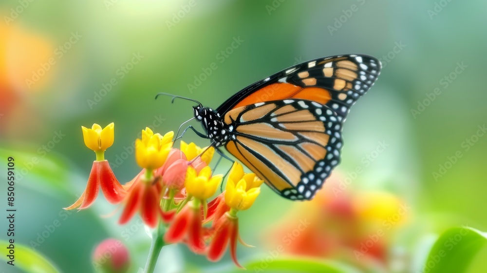 Monarch Butterfly Feeding on a Zinnia Flower in a Garden Monarch Butterfly Feeding on a Zinnia Flower in a Garden