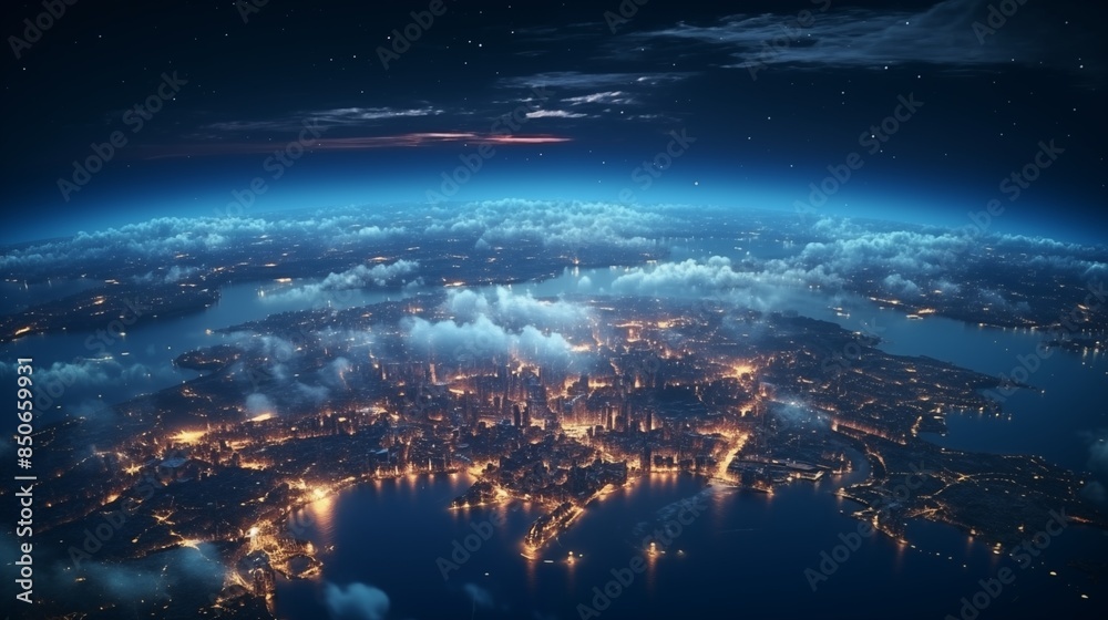 Panoramic view on planet Earth globe from space. Glowing city lights, light clouds. Panoramic view on planet Earth globe from space. Glowing city lights, light clouds.