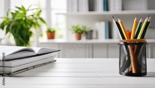 Bright Workspace: White Table with Blurred Office Background