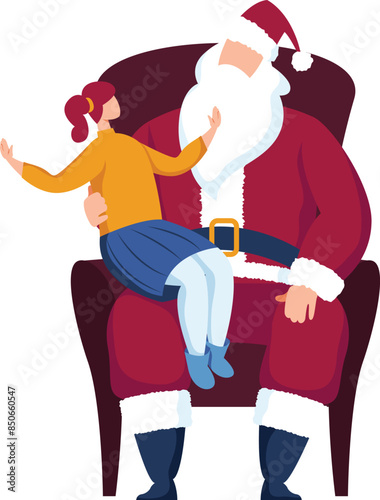 Young girl sitting Santas lap talking. Santa listening childs Christmas wish list. Holiday season indoor scene, festive atmosphere
