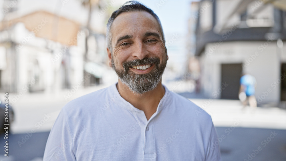 Naklejka premium A smiling mature hispanic man with a grey beard posing outdoors in an urban street setting.