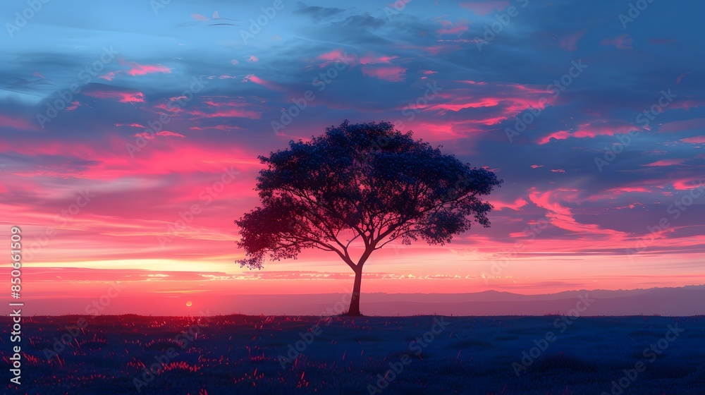 Fototapeta premium Solitary Tree Against a Vibrant Sunset