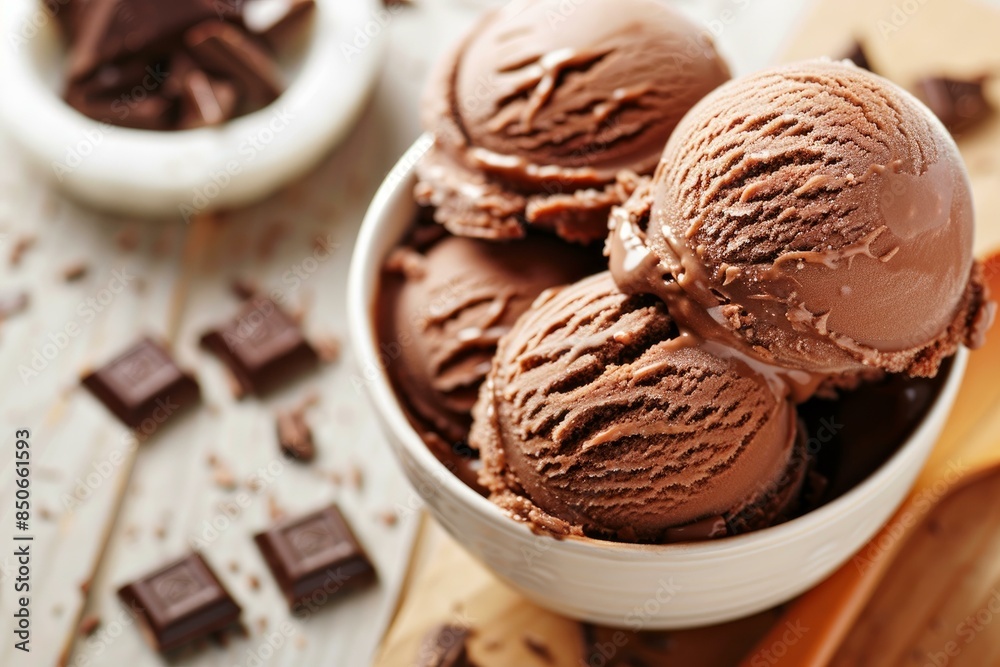 Velvety chocolate ice cream served in a bowl with chocolate bar pieces