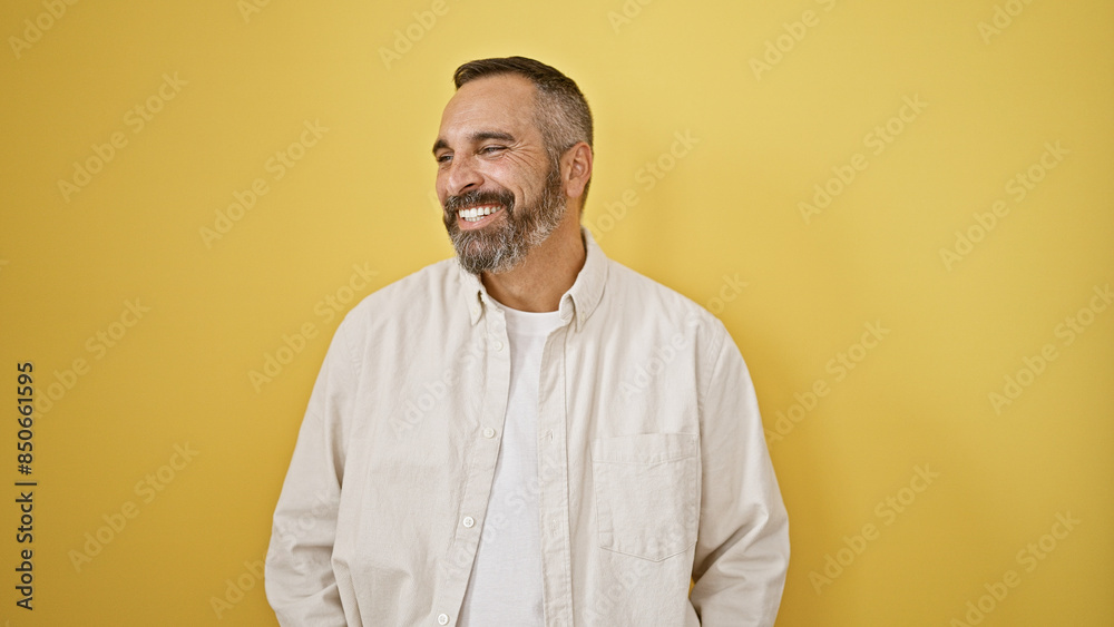 Handsome mature hispanic man with grey beard smiling against a bright yellow isolated background. Handsome mature hispanic man with grey beard smiling against a bright yellow isolated background.