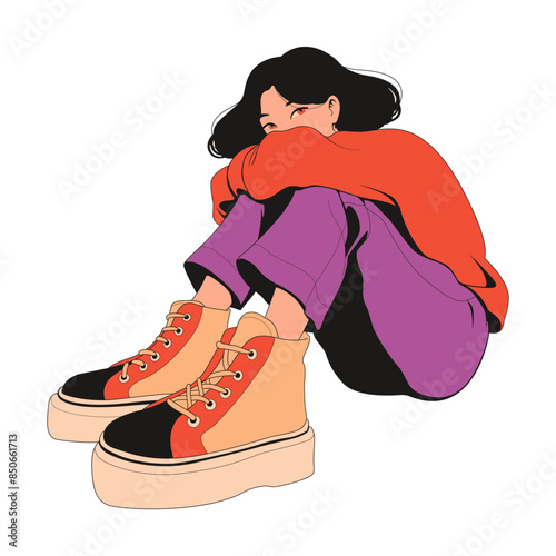 Vector illustration of adorable young woman character in casual cloth isolated on white background. Retro, y2k, cartoon, anime style. Design for poster, banner, t-shirt, fabric. Manga, webtoon graphic