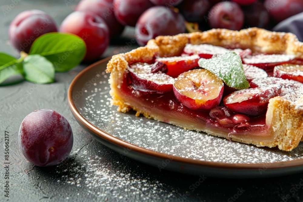 Closeup of a delicious slice of fresh plum tart sprinkled with powdered sugar, served on a rustic plate Closeup of a delicious slice of fresh plum tart sprinkled with powdered sugar, served on a rustic plate
