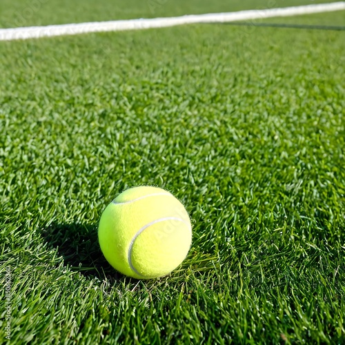 Tennis Ball on Green Grass with Line, Perfect for Sport and Recreation Themes. © Adam