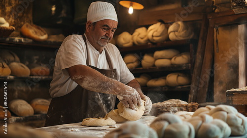 baker kneading dough in a rustic bakery