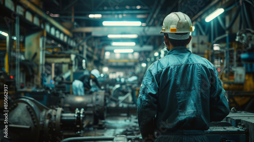 Industrial worker in safety gear inspecting machinery in a factory setting with multiple machines and equipment.