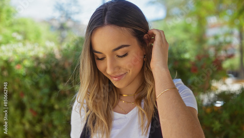 Wallpaper Mural Young attractive blonde woman in an outdoor park setting in an urban area, smiling and looking down. Torontodigital.ca