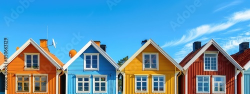 Blue sky and colorful traditional wooden houses in Sweden 