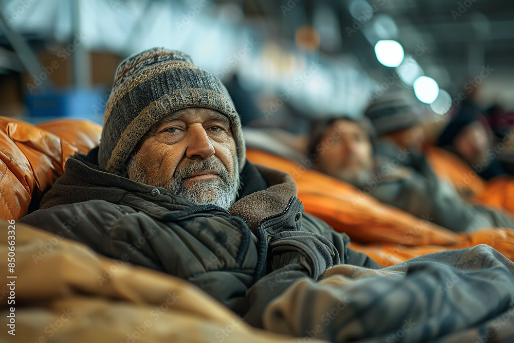 Fototapeta premium Homeless man in shelter, battling depression and poverty, embraced by social support.