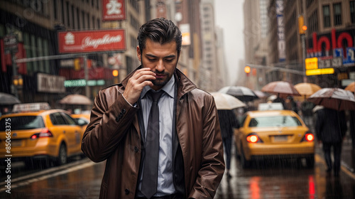 businessman talking on the phone in the city under the rain created with Generative AI technology