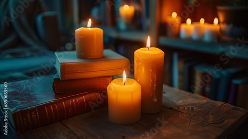 Composition with beautiful burning candles and books 