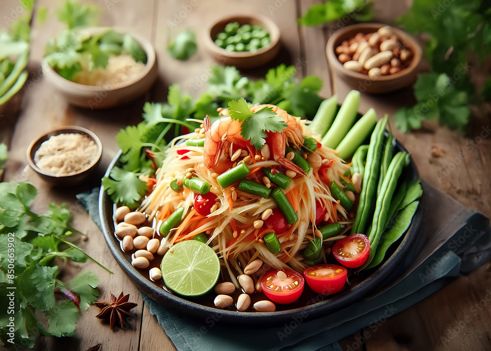 Somtam is made from green papaya, tomatoes, garlic, chili, lime juice, fish sauce and shrimp Somtam is made from green papaya, tomatoes, garlic, chili, lime juice, fish sauce and shrimp