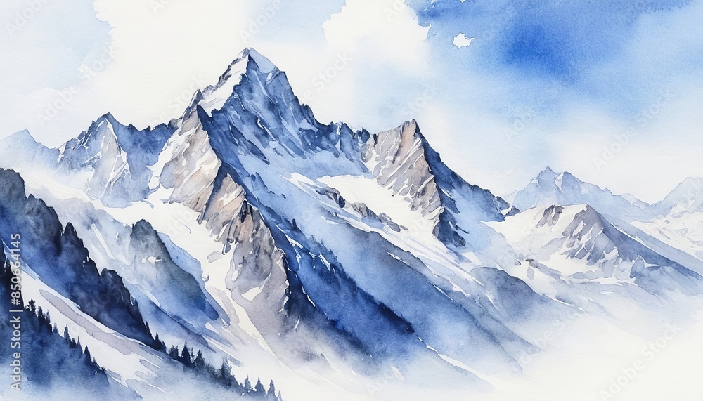 Obraz premium Serene Watercolor Landscape with Snowy Mountain Peaks