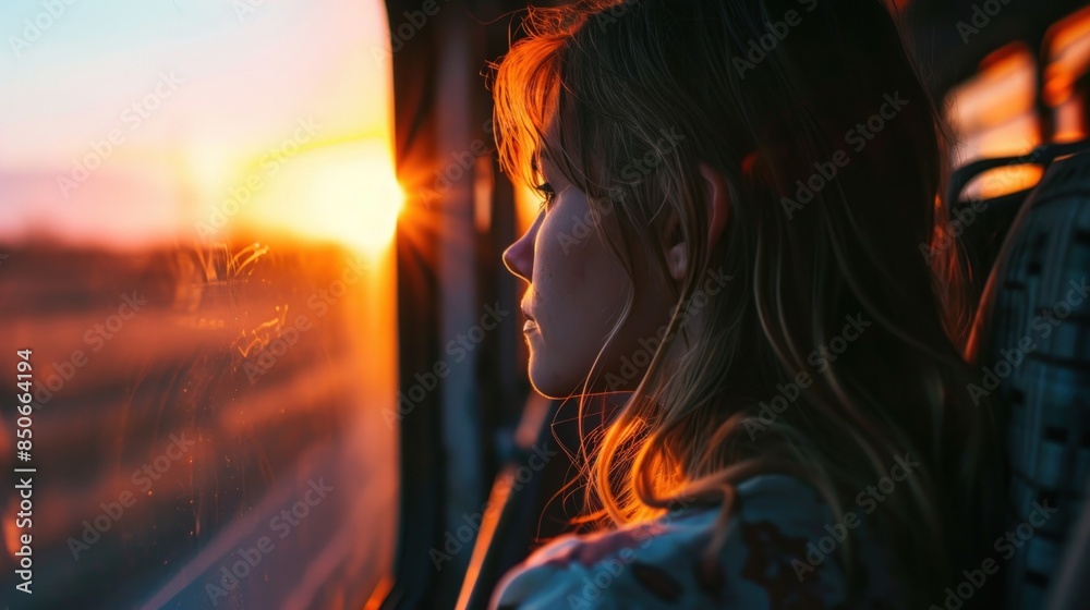 Obraz premium Beautiful young woman watching the sunset from the bus window.