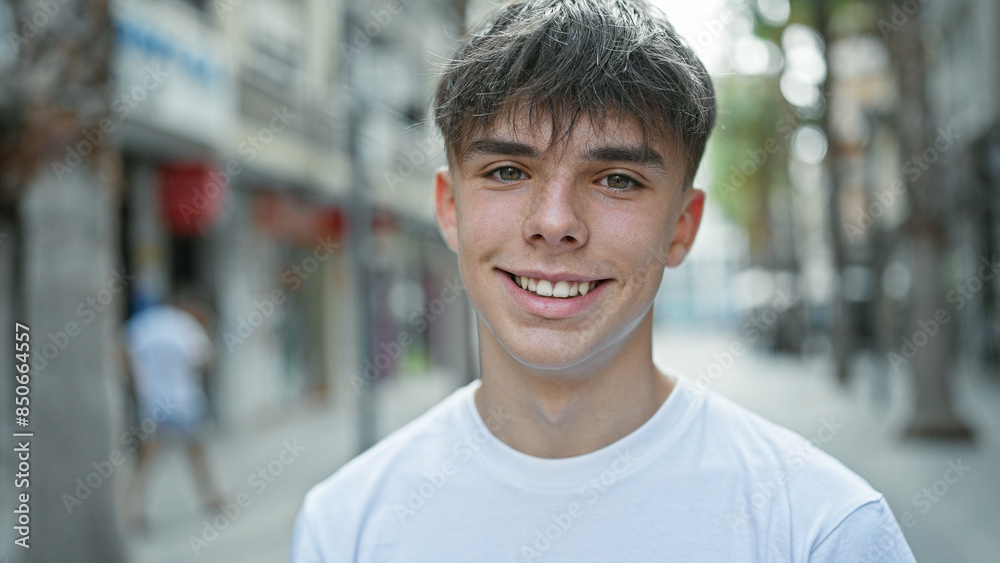 A smiling teen boy with blond hair in a white shirt stands on a bustling city street. A smiling teen boy with blond hair in a white shirt stands on a bustling city street.