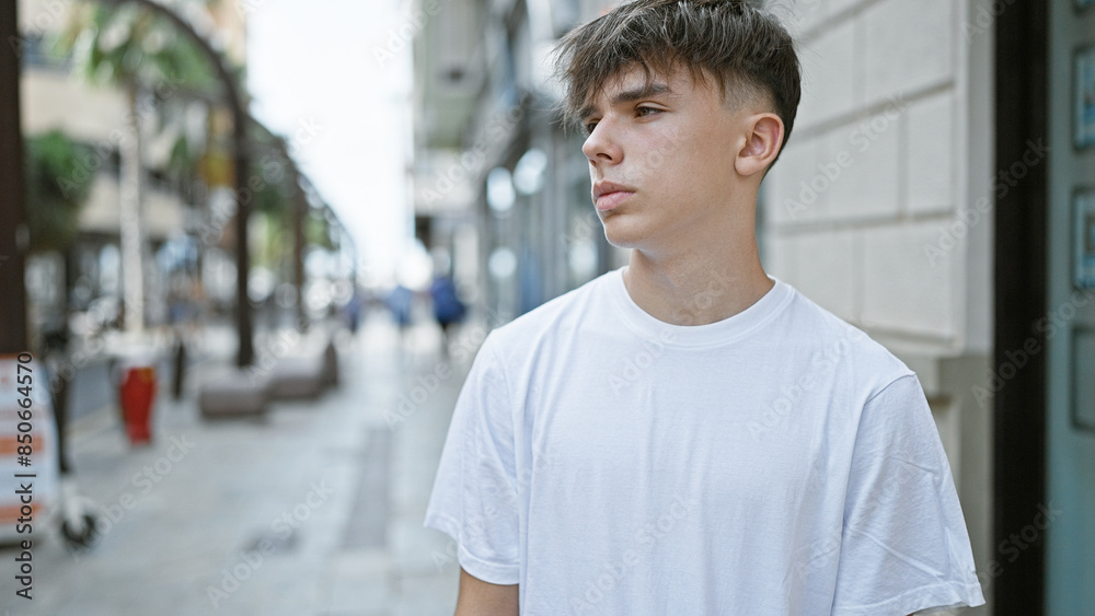 Obraz premium Caucasian teenage boy with blond hair wearing a white t-shirt on a city street
