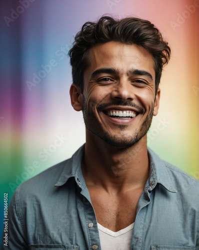 rainbow background studio portrait of smiling handsome guy model with clear smooth skin and white teeth