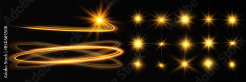Light wave of shiny gold lines.Gold color glowing design element.Wavy bright stripes.	